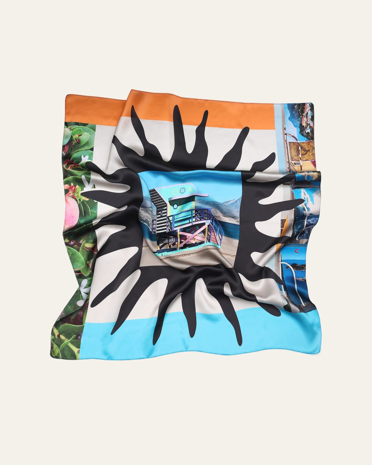 GOA Studio’s 'Vacaciones' silk scarf – a lightweight, luxurious accessory featuring vibrant, painterly prints inspired by dreamy summer holidays. Jedwabna apaszka 'Vacaciones' od GOA Studio – lekki, luksusowy dodatek z barwnym, malarskim nadrukiem inspirowanym marzeniami o letnich wakacjach.